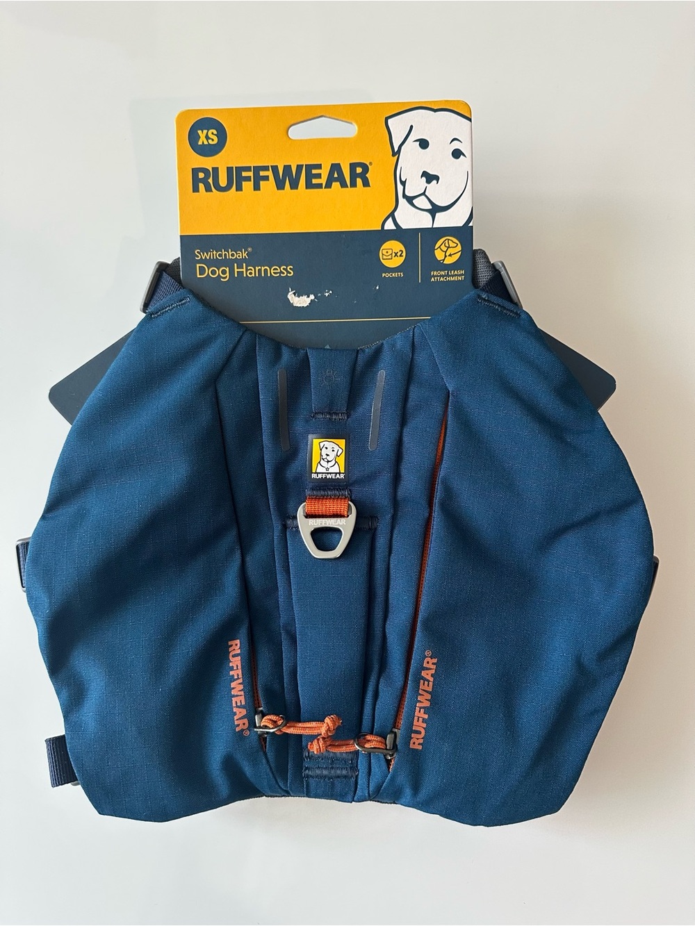 Ruffwear Switchbak Dog Harness in Navy Blue with Orange Accents